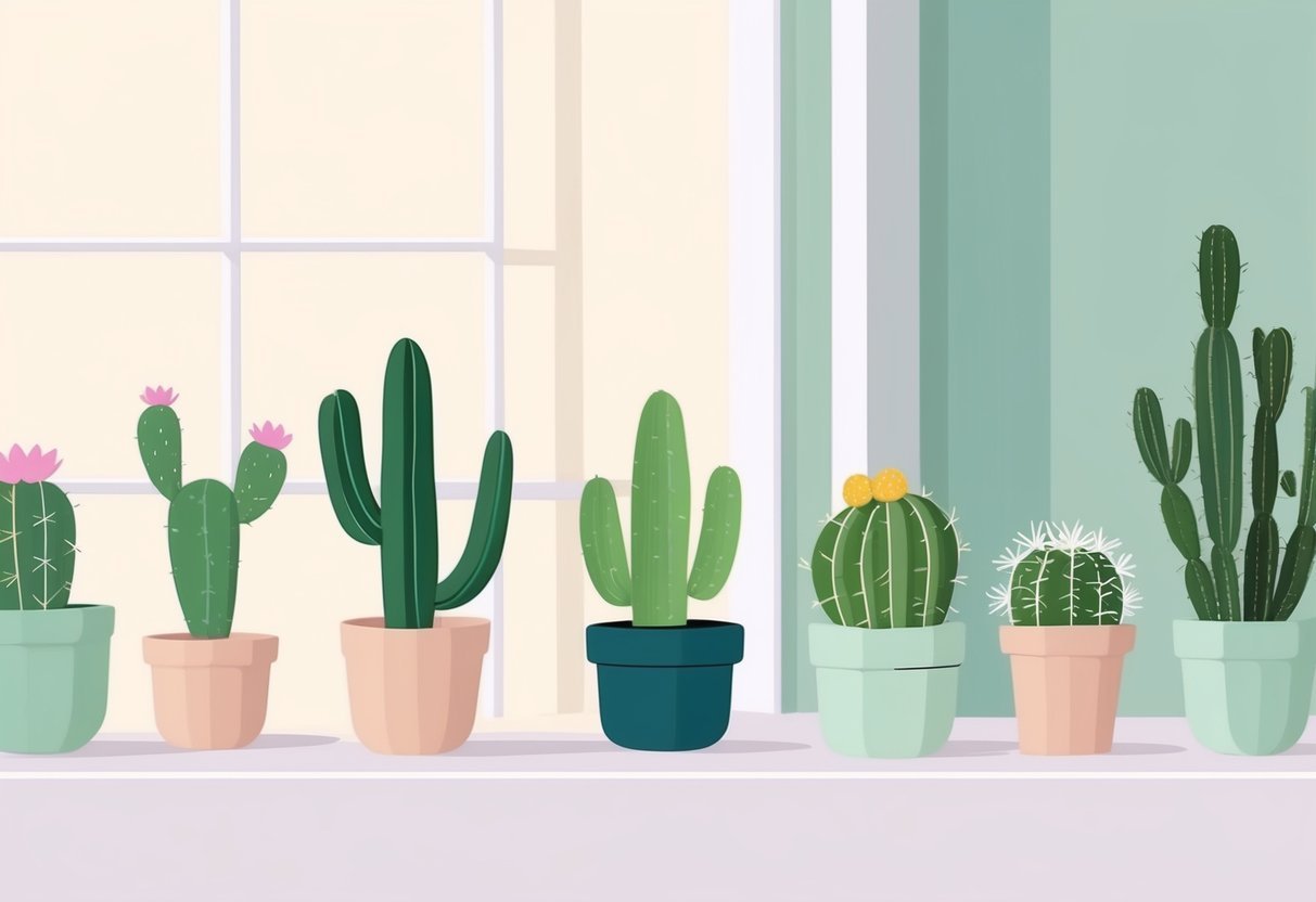 A group of small, simple cacti arranged in a clean, modern setting with soft lighting and a pastel color palette