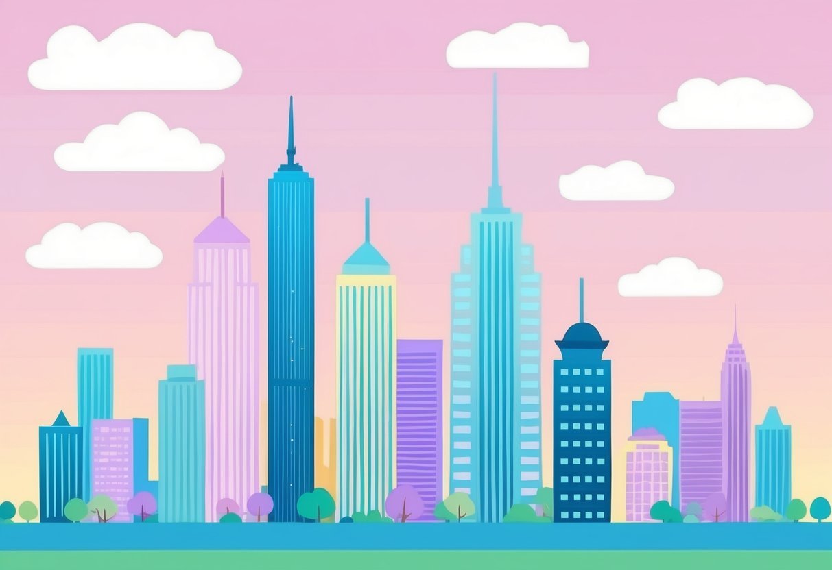 A city skyline at dusk, with pastel-colored skyscrapers reaching into a dreamy, cotton candy sky