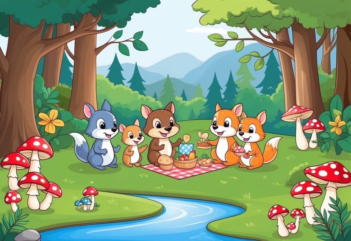 A cozy forest clearing with a babbling brook, colorful mushrooms, and a family of friendly woodland creatures enjoying a picnic