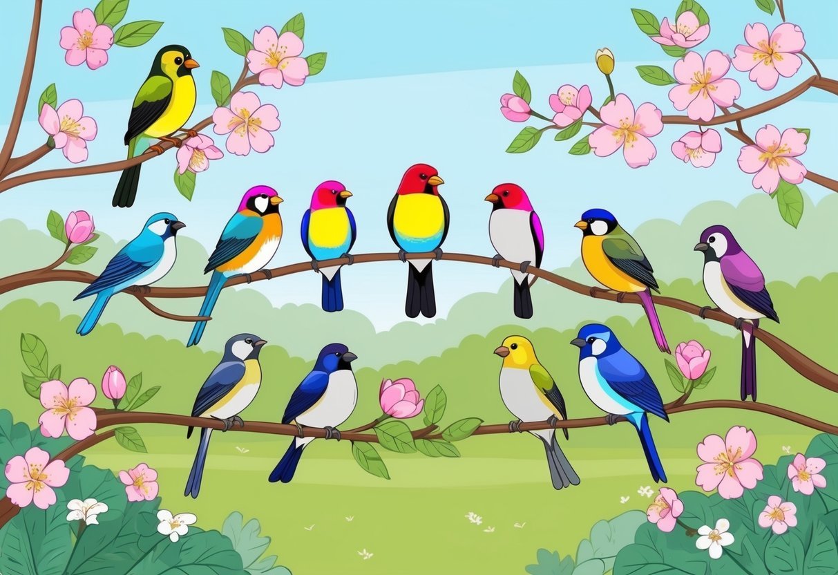 A group of colorful birds perched on blooming branches in a tranquil garden setting