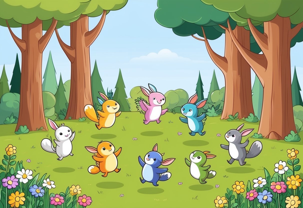 A group of whimsical forest creatures playing in a sun-dappled clearing, surrounded by tall trees and colorful flowers
