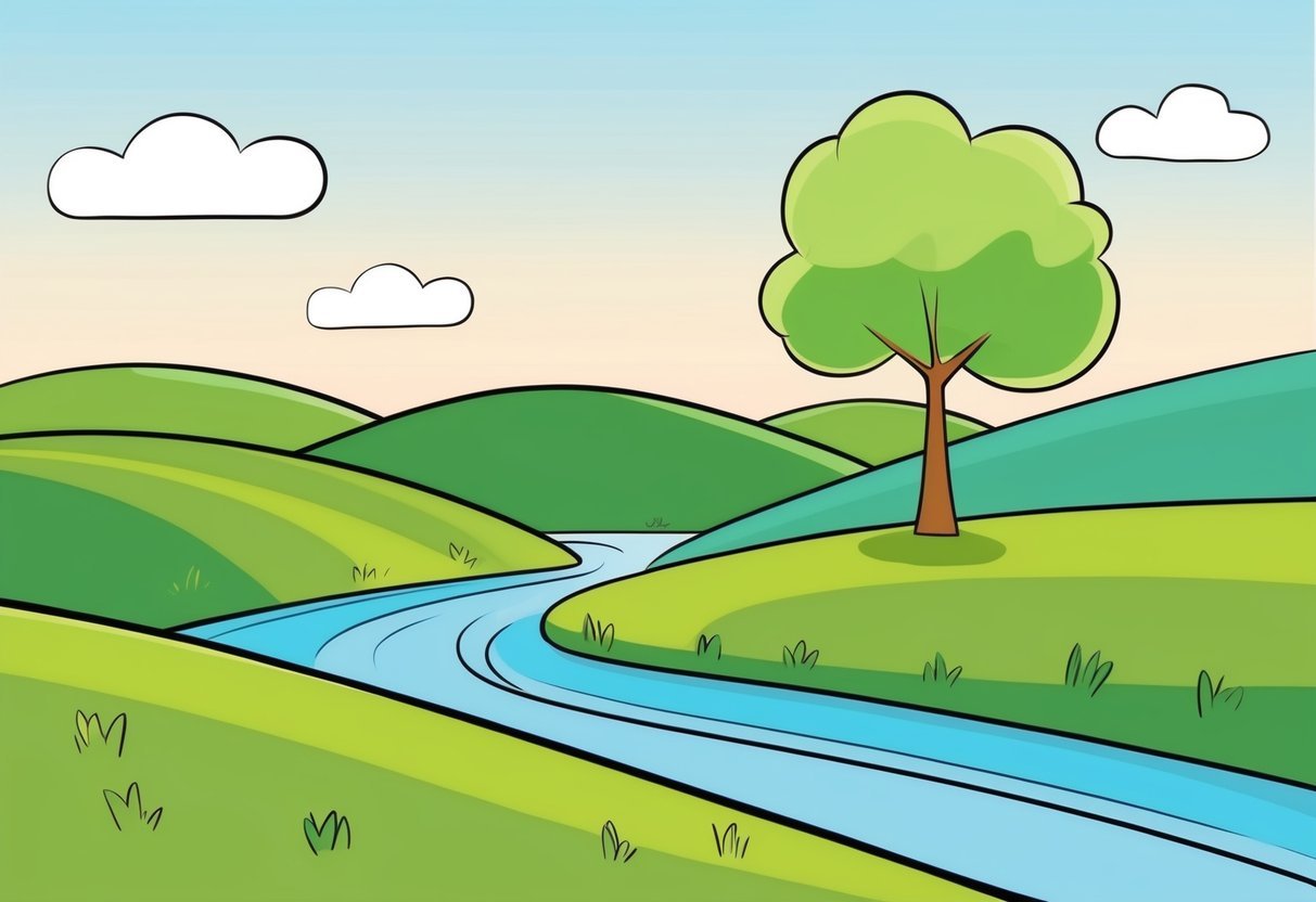 A serene countryside with rolling hills, a winding river, and a lone tree under a pastel-colored sky