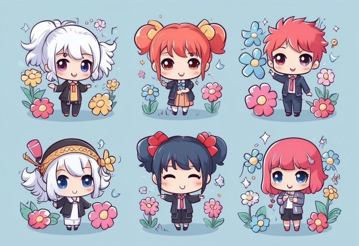 A group of chibi characters in various cute and aesthetic poses, surrounded by colorful flowers and whimsical elements