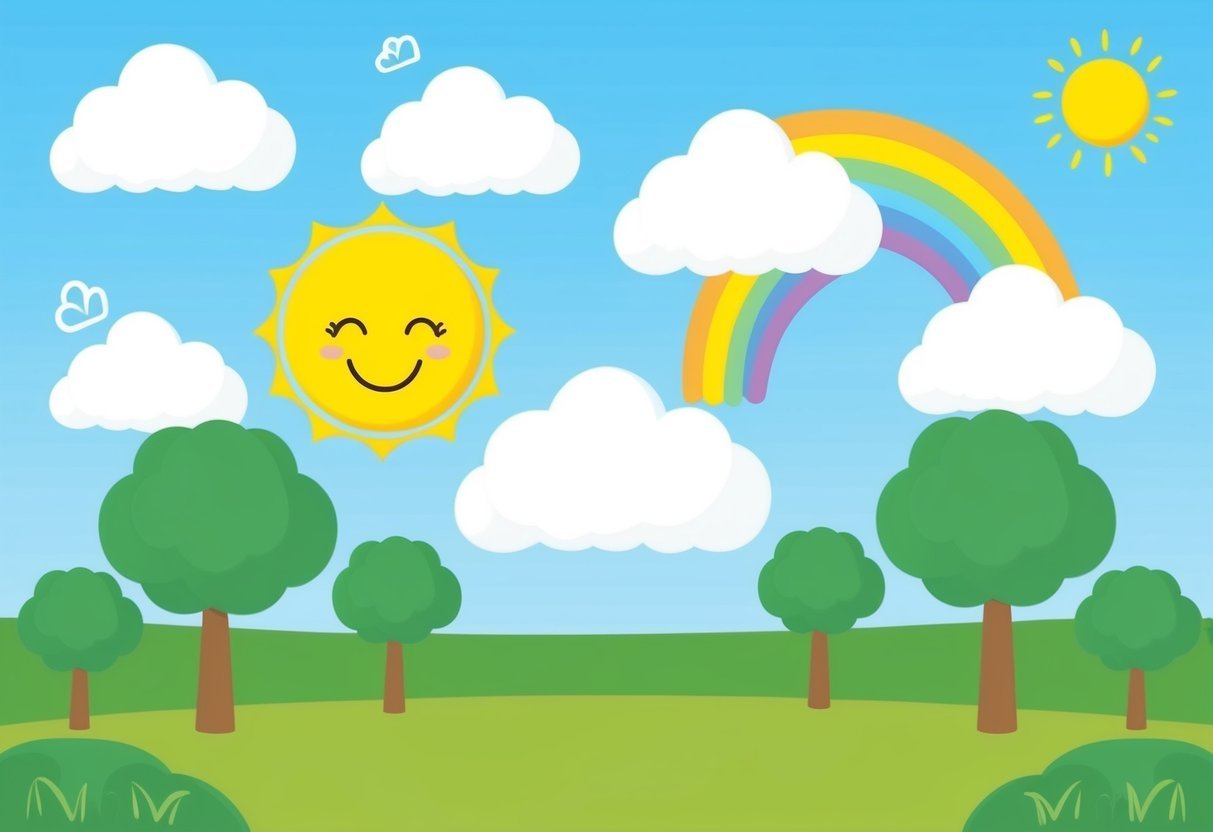 A sunny day with fluffy clouds, a smiling sun, and a rainbow