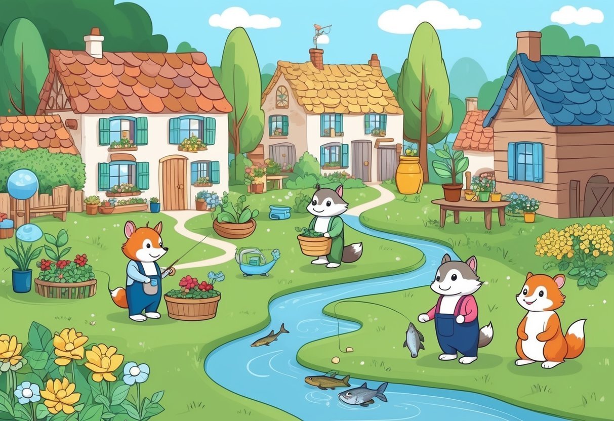 A cozy village scene with anthropomorphic animal characters gardening, fishing, and chatting in a peaceful, whimsical setting