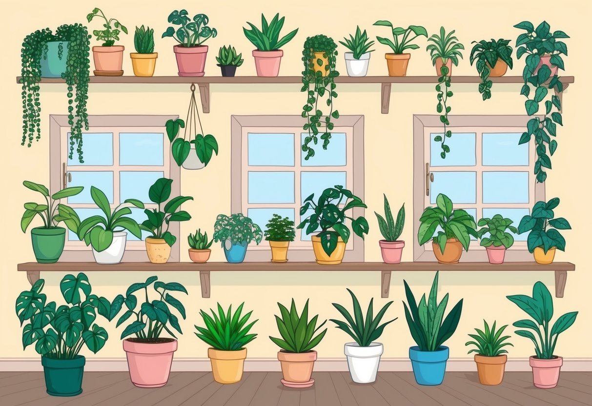A cozy room with 37 varieties of small, cute, and aesthetically pleasing house plants arranged on shelves and windowsills
