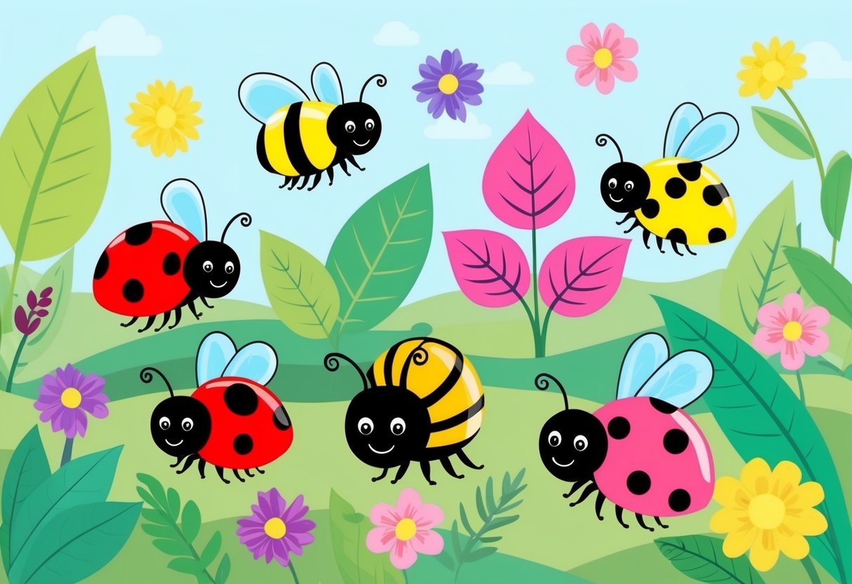 A group of adorable insects, including ladybugs, butterflies, and bees, frolic among vibrant flowers and leaves in a whimsical garden setting