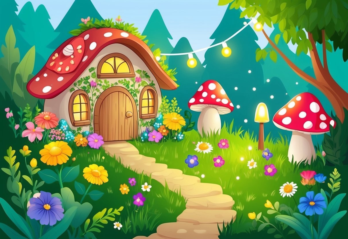 A tiny fairy garden with colorful flowers, mushroom houses, and twinkling lights nestled among lush greenery