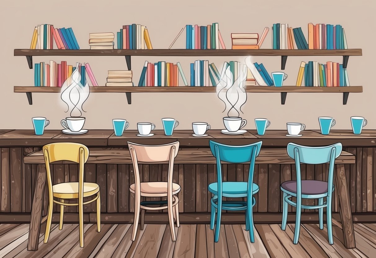 A cozy cafe with mismatched chairs and tables, shelves of books, and steaming coffee cups on a rustic wooden counter