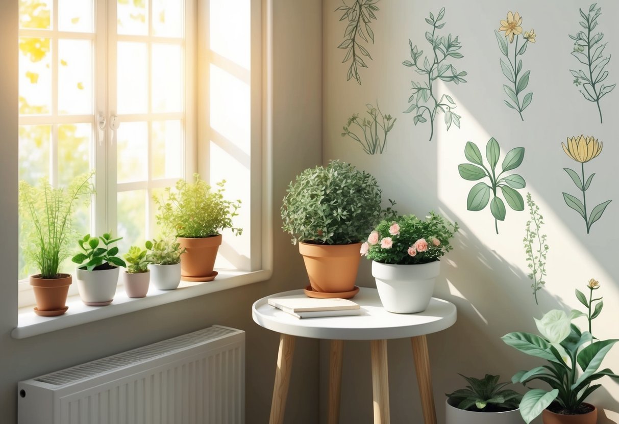 A cozy corner with a small table, adorned with potted plants and flowers. Sunlight streams in through a nearby window, casting a warm glow on the soft, delicate botanical illustrations adorning the walls