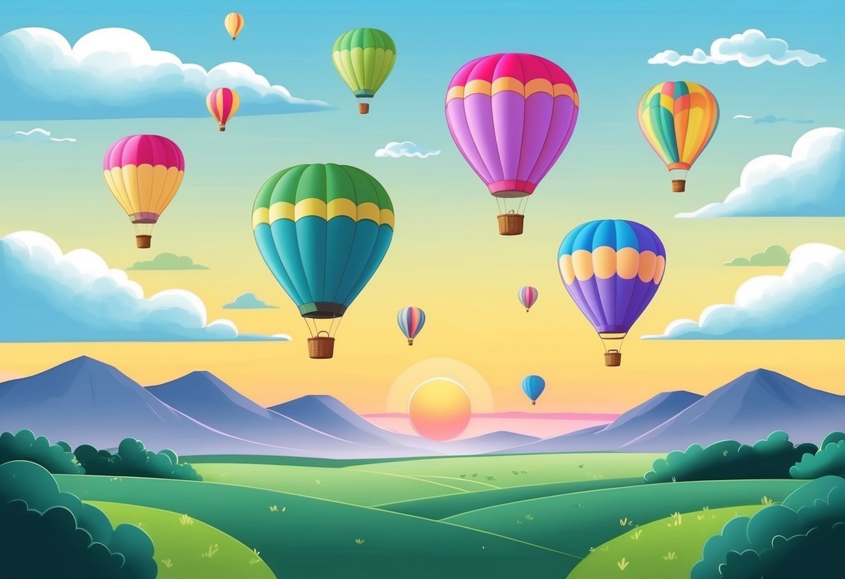 A serene landscape with colorful hot air balloons floating in the sky at sunset, surrounded by fluffy clouds and distant mountains