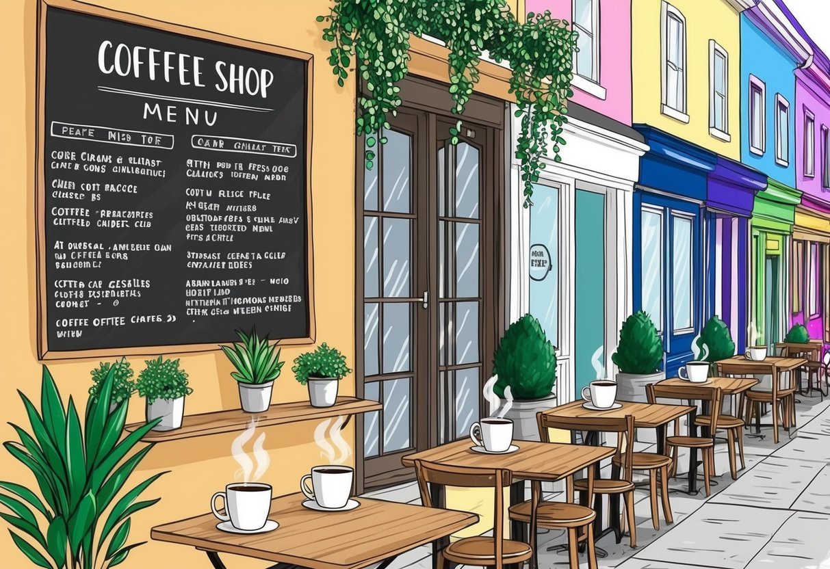 A cozy coffee shop with a chalkboard menu, potted plants, and steaming mugs on wooden tables. Outside, a row of colorful storefronts lines the street