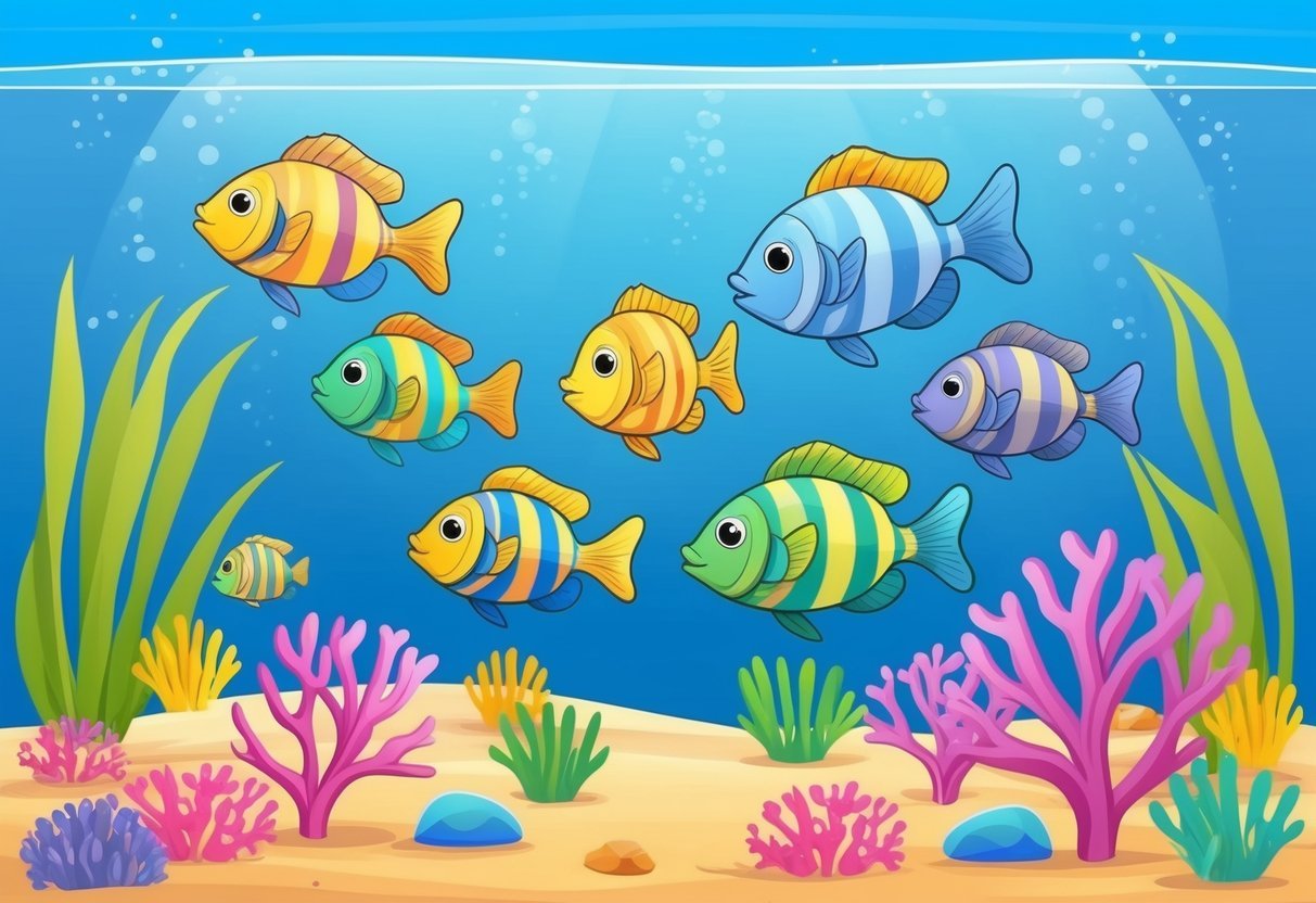 A group of colorful fish swim among vibrant coral and seagrass in a crystal-clear underwater environment