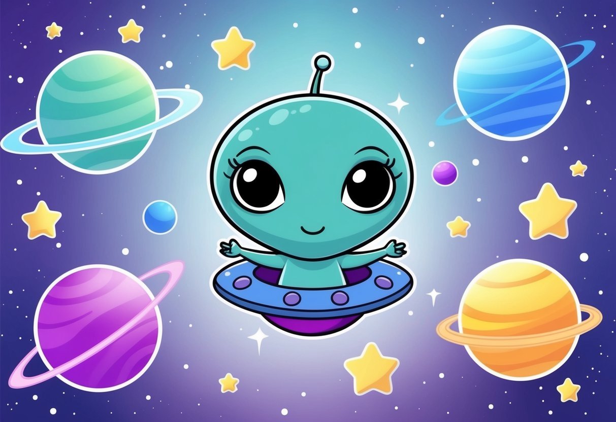 A small, adorable alien with big, expressive eyes floats among colorful planets and stars in a whimsical, outer space setting