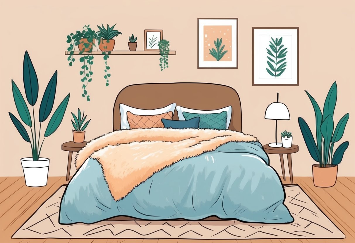 A cozy bedroom with a fluffy bed, soft blankets, warm lighting, and potted plants