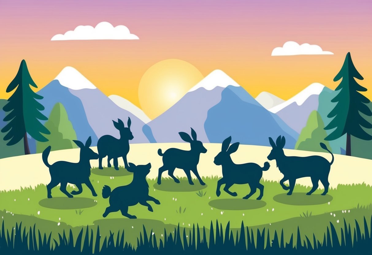 A group of adorable animal silhouettes playing in a field at sunset, with trees and mountains in the background