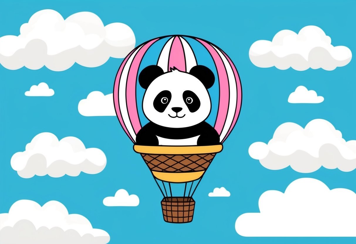 A panda floating in a hot air balloon, surrounded by fluffy clouds and a bright blue sky