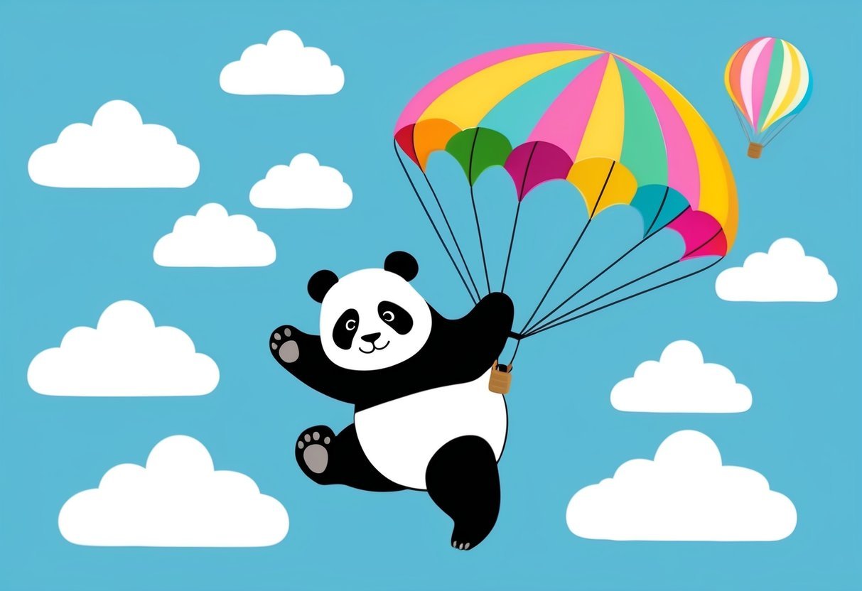 A panda gracefully parachuting down from the sky, surrounded by fluffy clouds and a colorful parachute