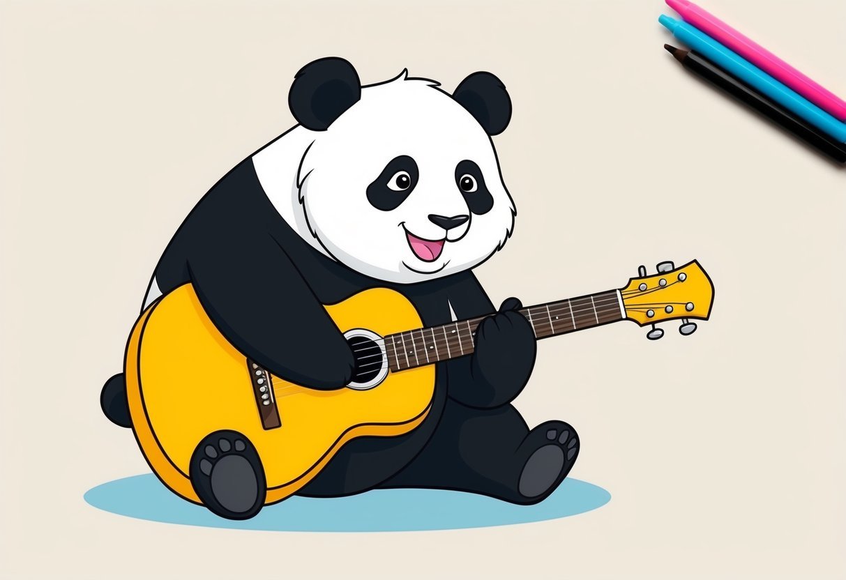 A panda strums a guitar with a happy expression