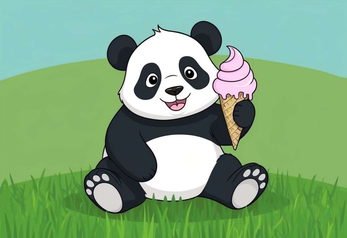 A panda sits on a grassy field, holding a melting ice cream cone with a happy expression