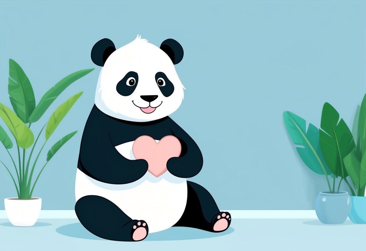 A panda sitting on its hind legs, holding a heart-shaped object in its paws, with a gentle smile on its face