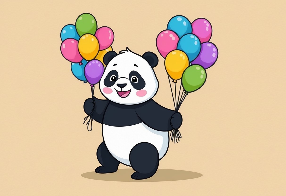 A playful panda holding a bunch of colorful balloons, with a cheerful expression on its face
