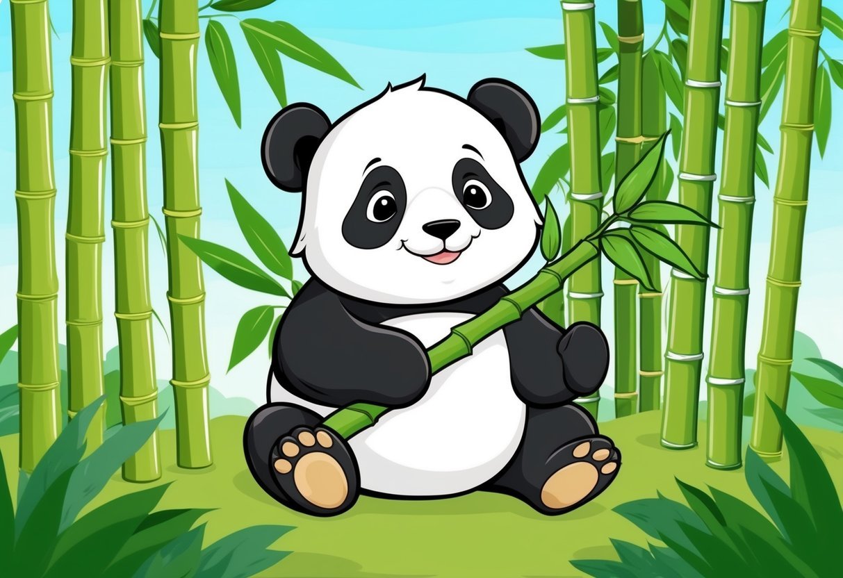 A playful panda sits amidst bamboo, holding a bamboo shoot in its paws, with a serene expression on its face