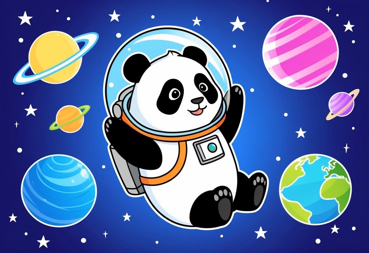 A panda wearing a spacesuit floats gracefully in outer space, surrounded by twinkling stars and colorful planets