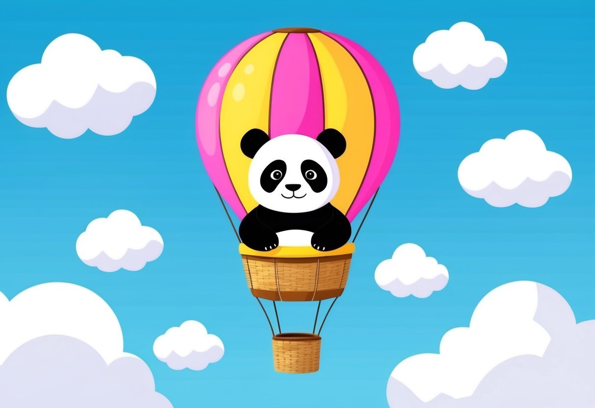 A panda peacefully floats in a colorful hot air balloon, surrounded by fluffy clouds and a bright blue sky