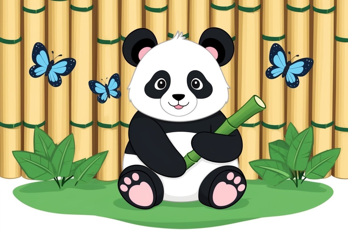 A panda with a heart-shaped face, sitting against a bamboo backdrop, surrounded by playful butterflies and holding a bamboo shoot
