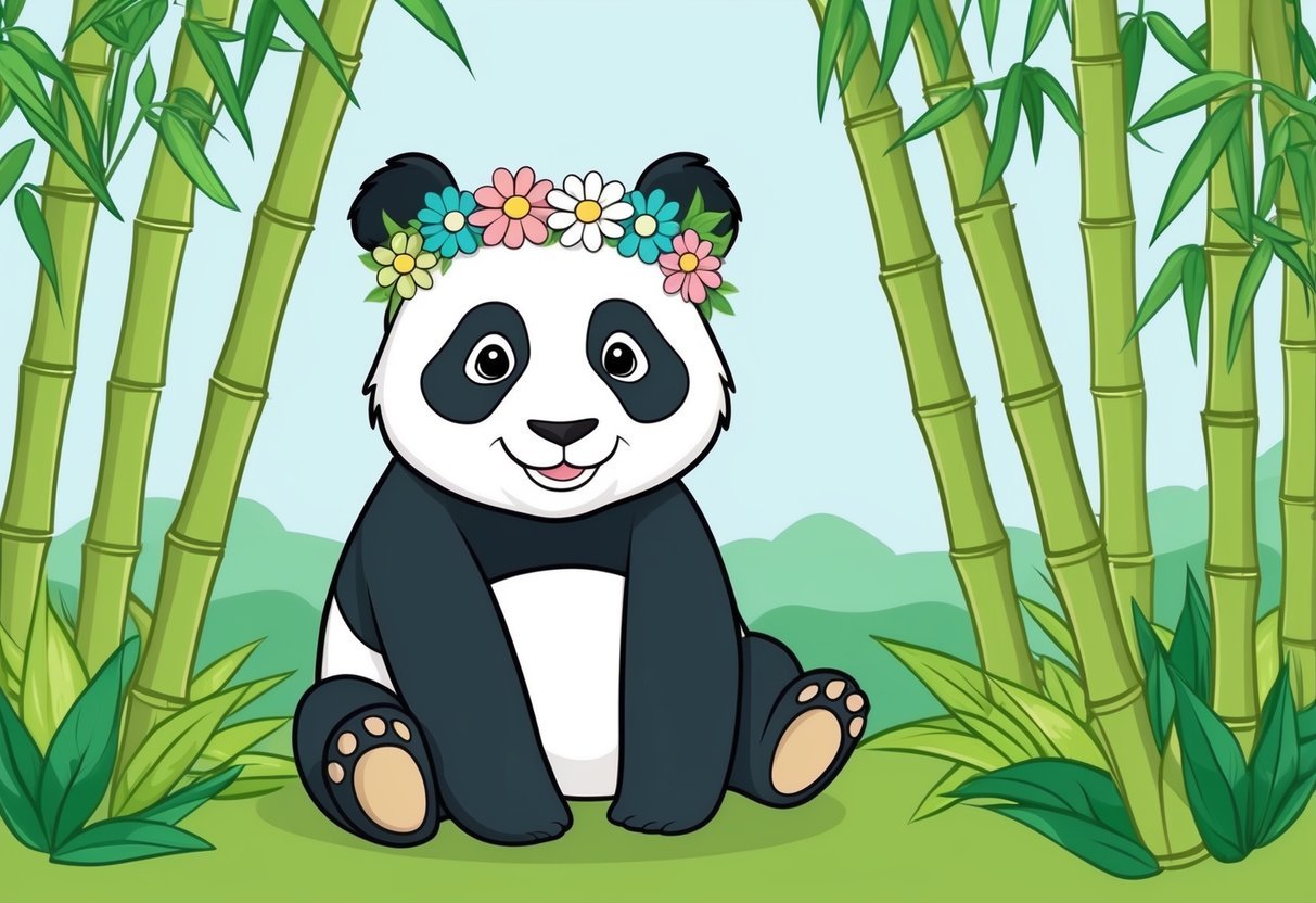 A panda wearing a flower crown, sitting amidst bamboo, with a gentle smile on its face