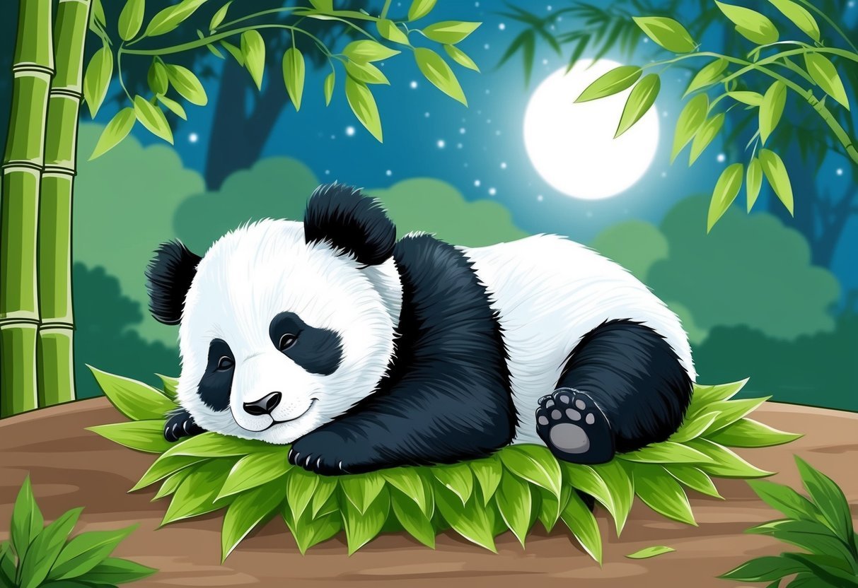 A baby panda peacefully sleeps on a bed of bamboo leaves, surrounded by soft moonlight filtering through the trees