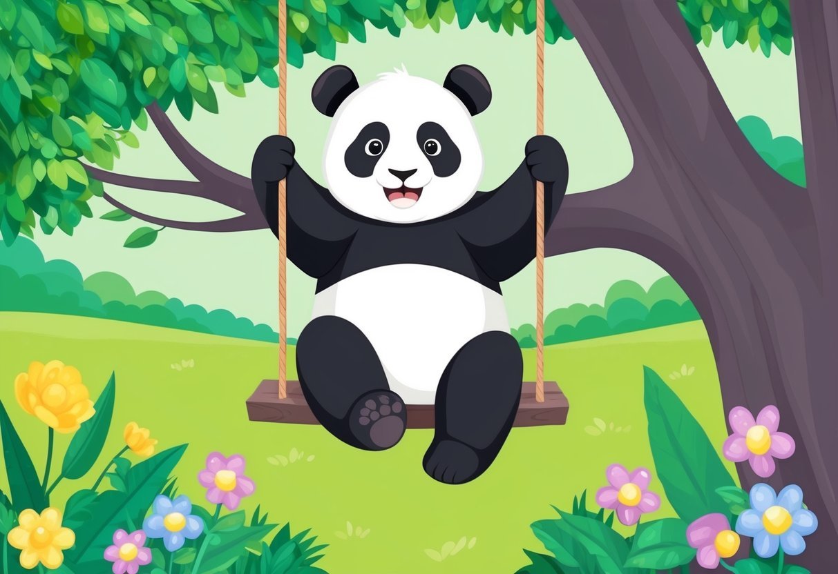 A panda happily swings on a tree branch, surrounded by lush green foliage and colorful flowers