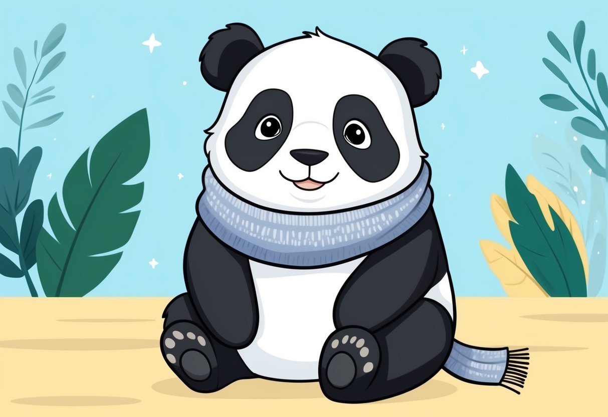 A panda wearing a cozy scarf, sitting in a relaxed pose with a content expression on its face