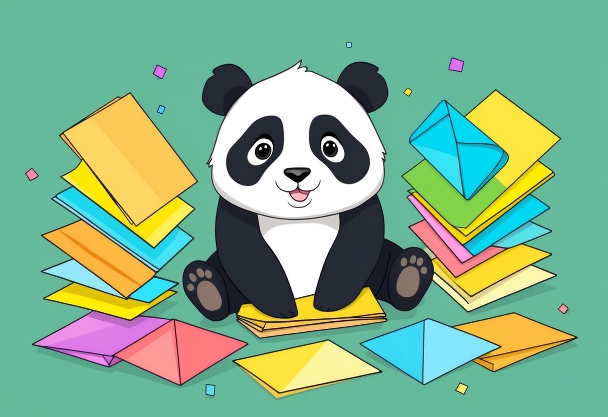 A panda surrounded by colorful paper sheets, folding and shaping them into various origami designs