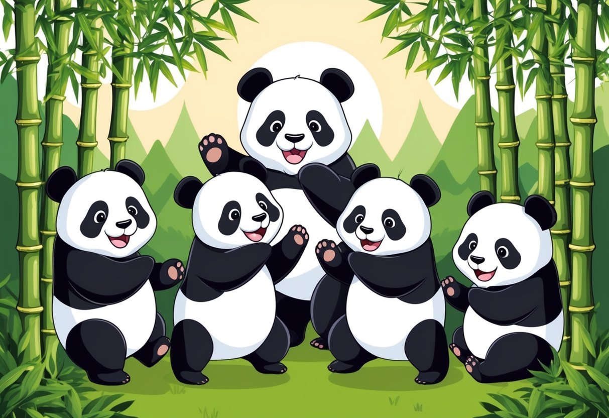 A group of adorable pandas playing and interacting in a lush bamboo forest