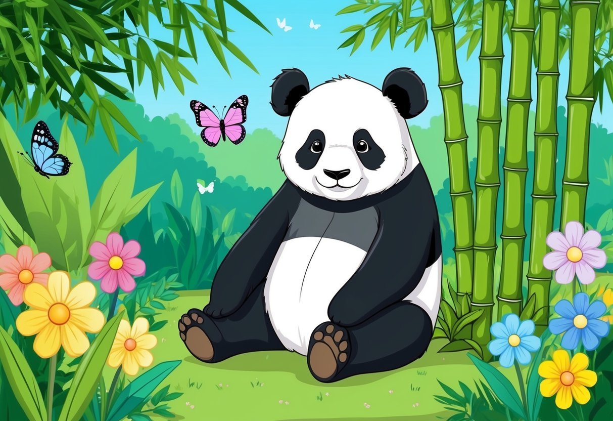 A panda sitting among bamboo in a lush garden, surrounded by colorful flowers and butterflies