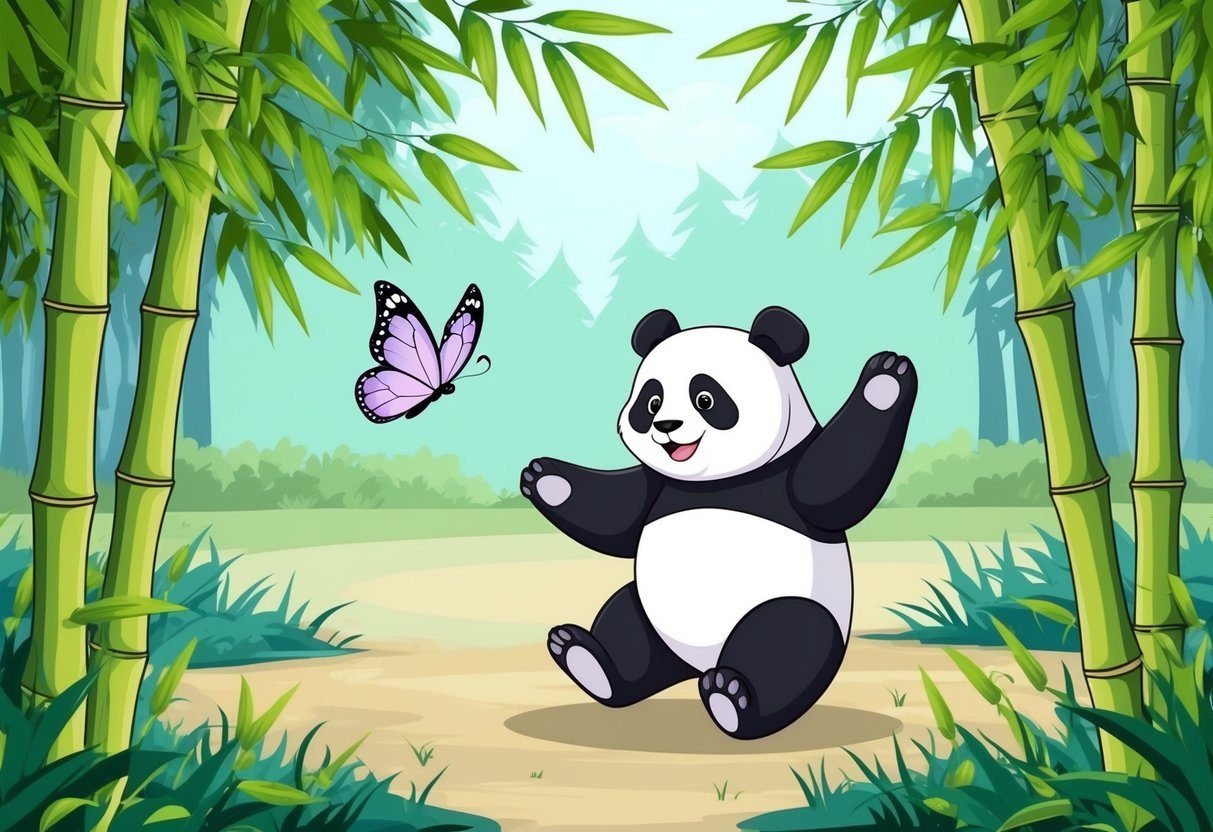 A playful panda and a delicate butterfly frolic among bamboo shoots in a tranquil forest clearing
