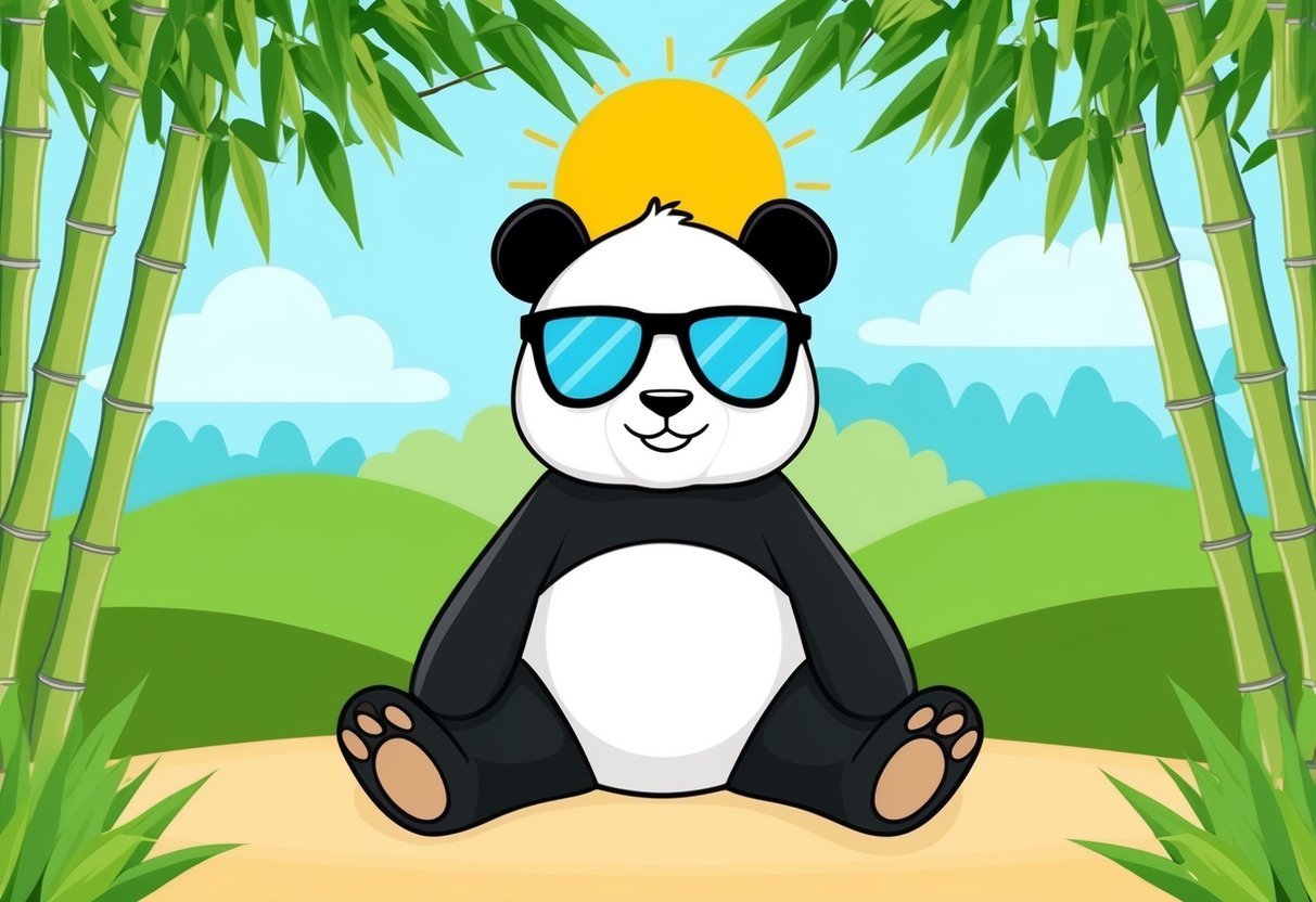 A relaxed panda wearing sunglasses, sitting in front of a bamboo forest under a bright sun