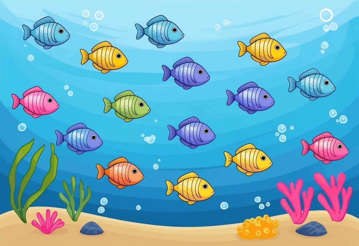 A school of colorful fish swimming in a clear, blue ocean with coral and seaweed