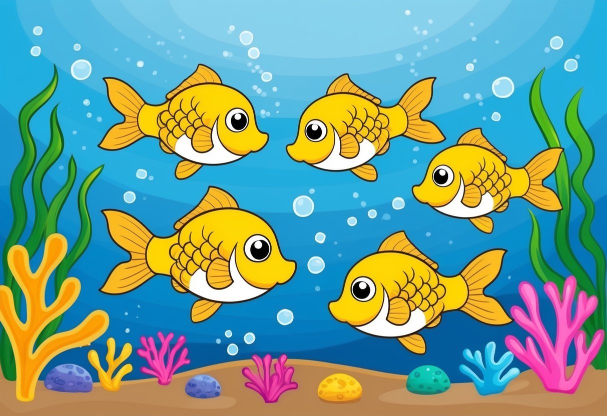 A group of whimsical goldfish swimming among colorful coral and seaweed in a vibrant underwater world