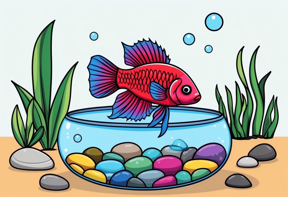 A betta fish swimming in a small round bowl with colorful pebbles at the bottom, surrounded by aquatic plants and a few bubbles