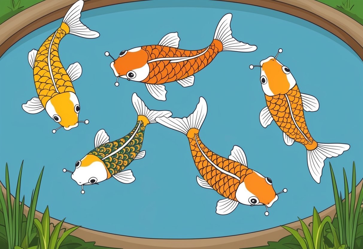 A group of koi fish swimming in a serene pond, each adorned with intricate and colorful patterns