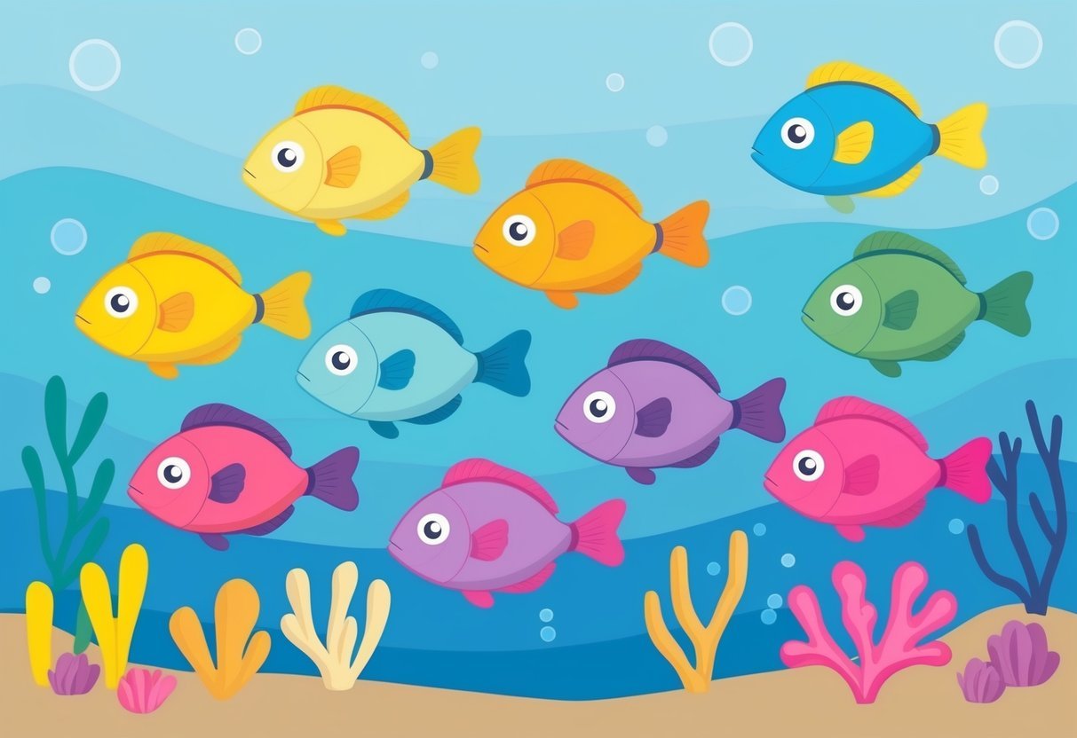 A school of colorful tropical fish swimming among coral and sea plants