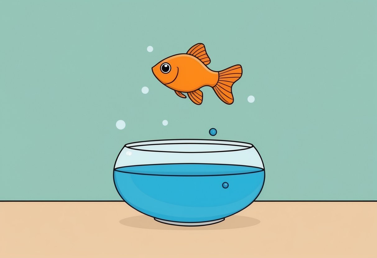 A small, simple guppy swimming in a clean, uncluttered fishbowl