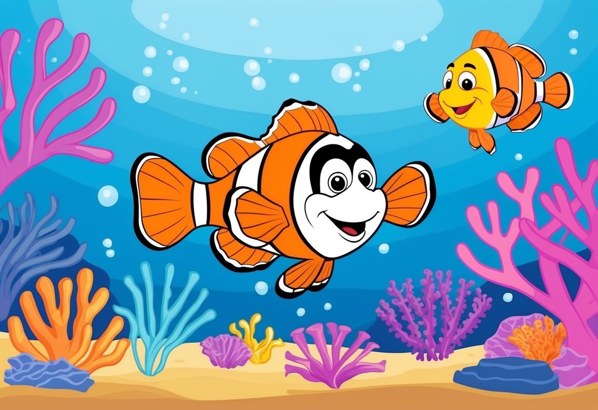 A colorful cartoon clownfish swimming among coral and sea anemones in a vibrant underwater reef