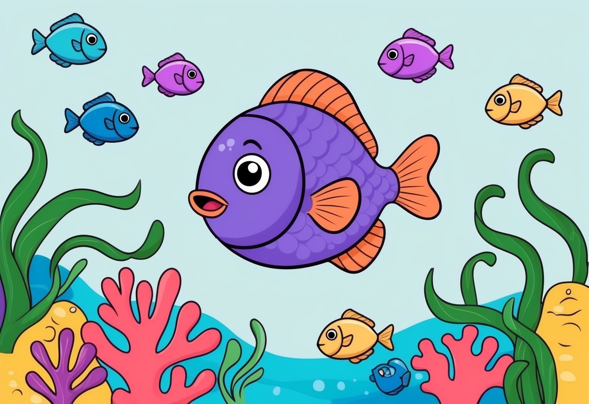 A pufferfish swims among colorful coral, surrounded by smaller fish and waving seaweed