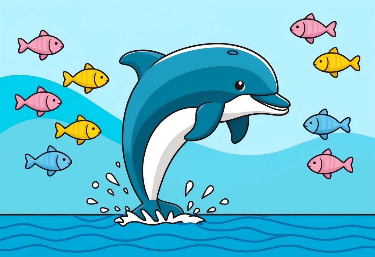 A playful dolphin leaping out of the water, surrounded by a school of cute fish swimming in various directions