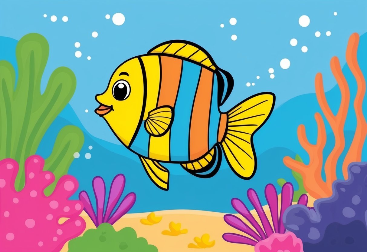 A colorful butterfly fish swimming among coral and sea plants in a vibrant underwater scene