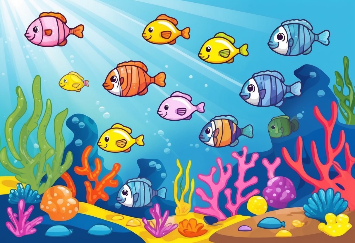 A colorful coral reef with various cute fish swimming among the vibrant coral and sea plants. Rays of sunlight filter through the water, creating a serene underwater scene